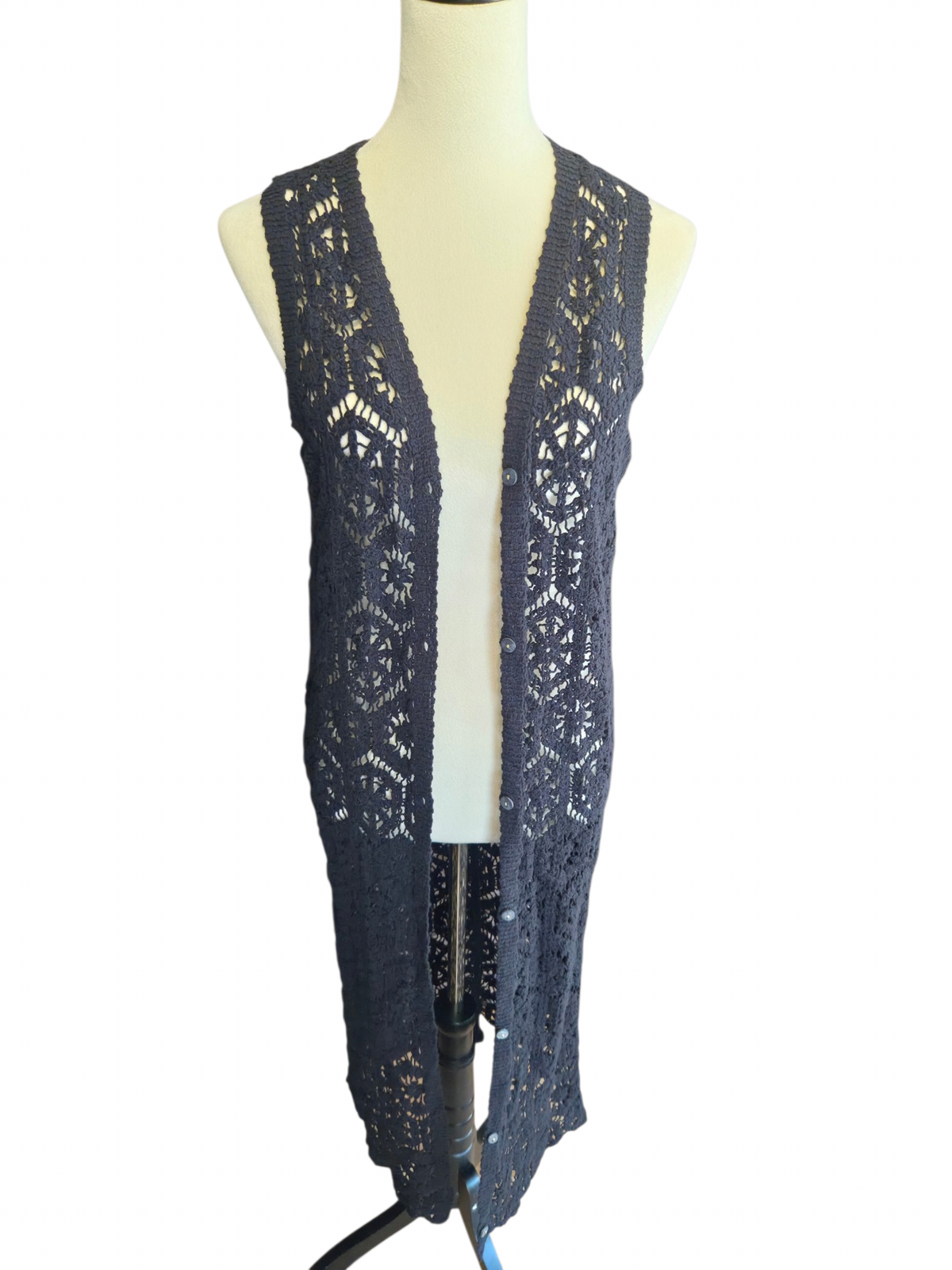 Longline Crochet Button Front Vest
