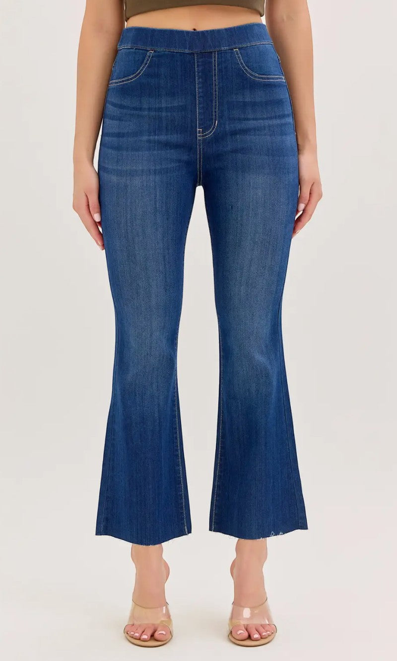Birds of a Feather Boutique & Soy Wax Candle Company medium wash pull-on cropped flare denim jeans with raw hem