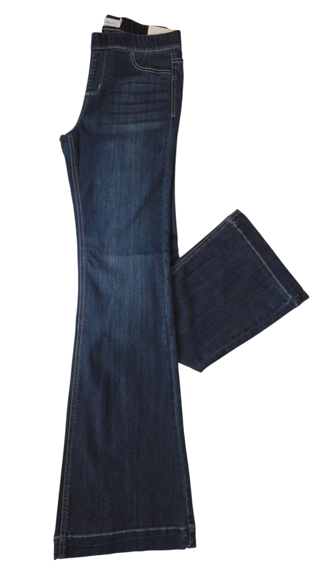 Birds of a Feather Boutique & Soy Wax Candle Company pull-on flare leg denim jeans in a medium wash with stretch.