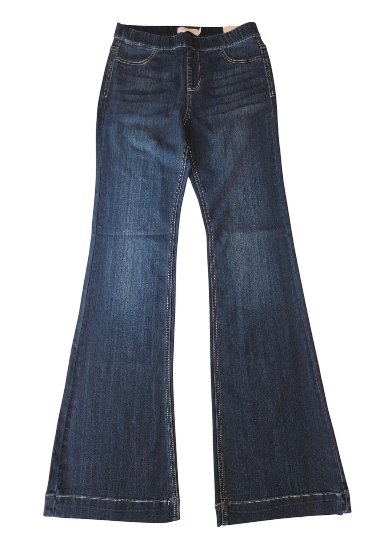 Birds of a Feather Boutique & Soy Wax Candle Company pull-on flare leg denim jeans in a medium wash with whiskering.