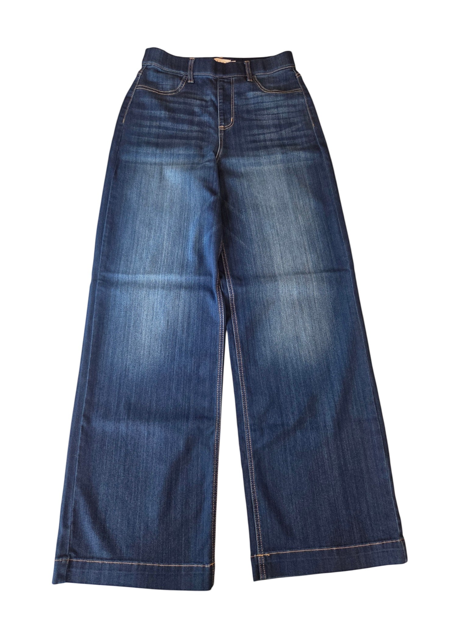 Birds of a Feather Boutique & Soy Wax Candle Company high-rise wide-leg denim pants in a medium-wash blue stretch fabric.