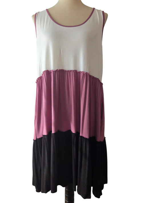 Birds of a Feather Boutique & Soy Wax Candle Company color-blocked tiered sleeveless midi dress in white, mauve, and black