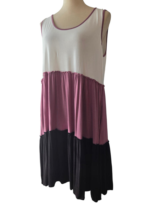 Birds of a Feather Boutique & Soy Wax Candle Company color-blocked tiered sleeveless midi dress in white, mauve, and black