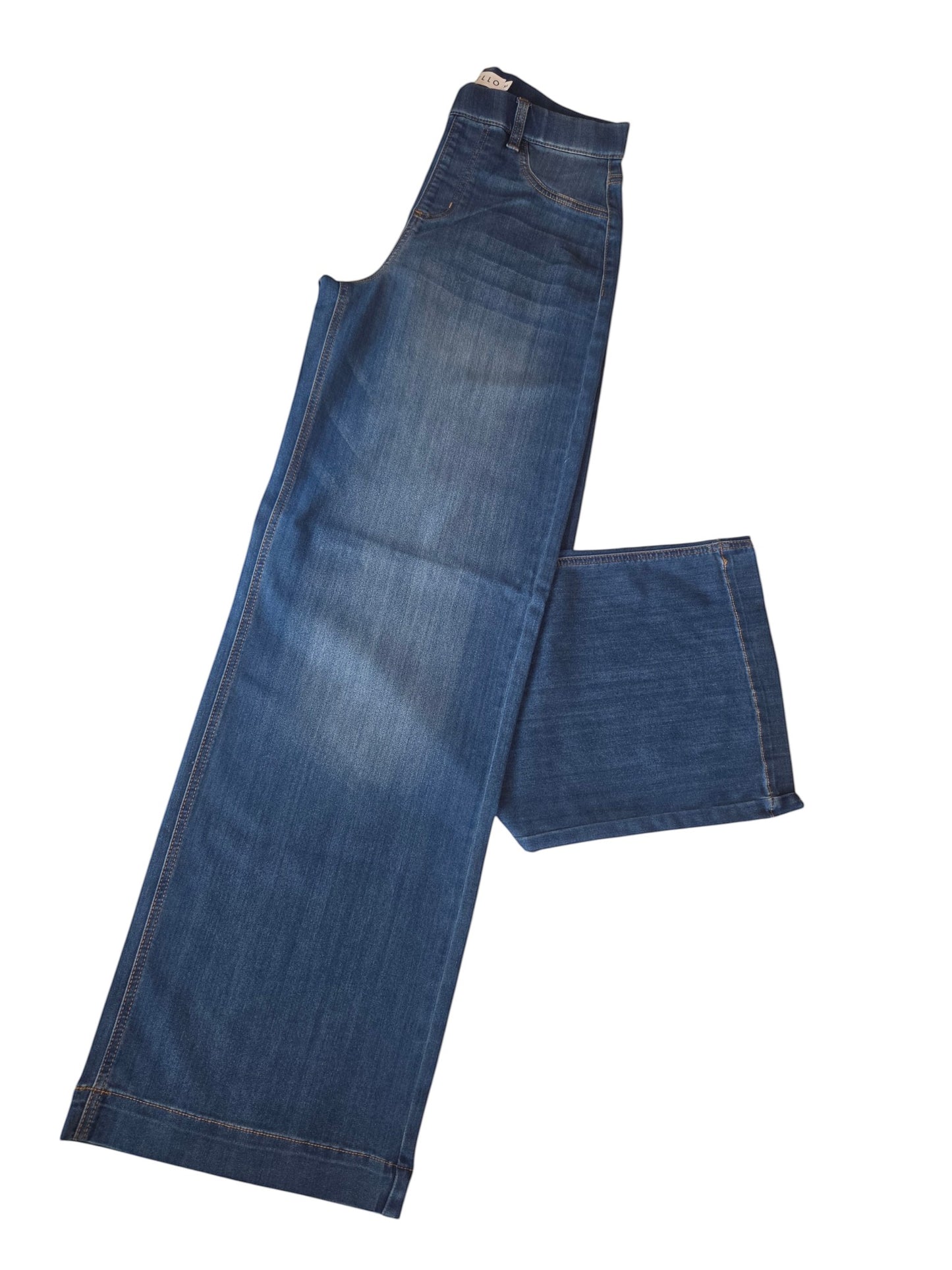 Birds of a Feather Boutique & Soy Wax Candle Company high rise wide leg denim pants in medium wash blue stretch fabric
