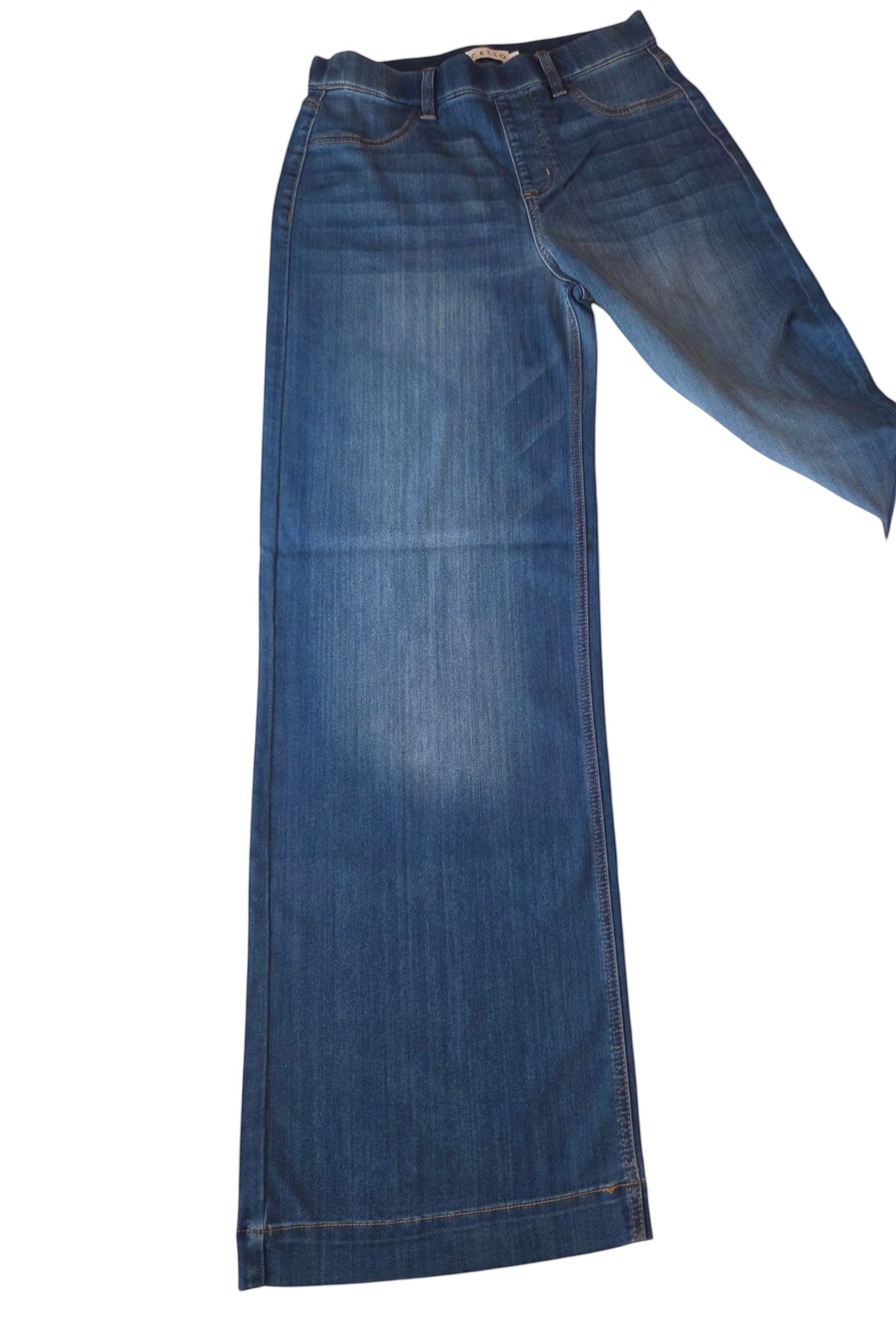 Birds of a Feather Boutique & Soy Wax Candle Company high rise wide leg denim pants in a medium wash blue stretch fabric