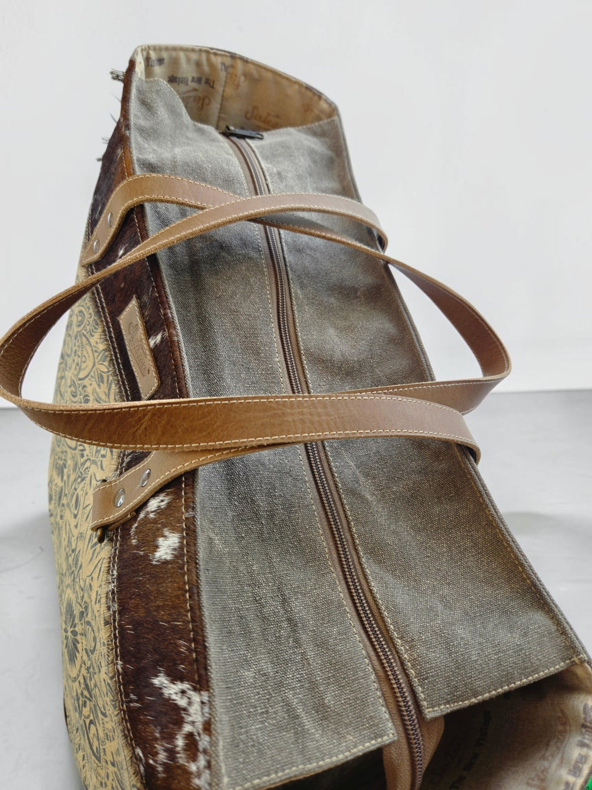 Mandala Up-cycled Canvas Weekender with Cow Hide Trim