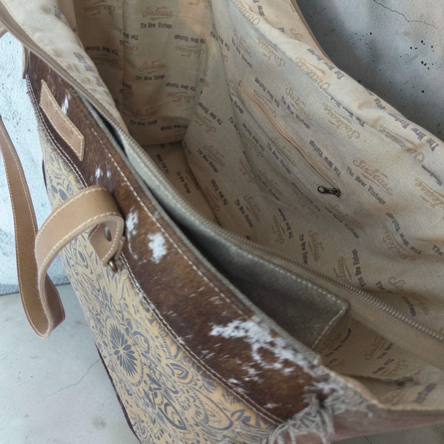 Mandala Up-cycled Canvas Weekender with Cow Hide Trim