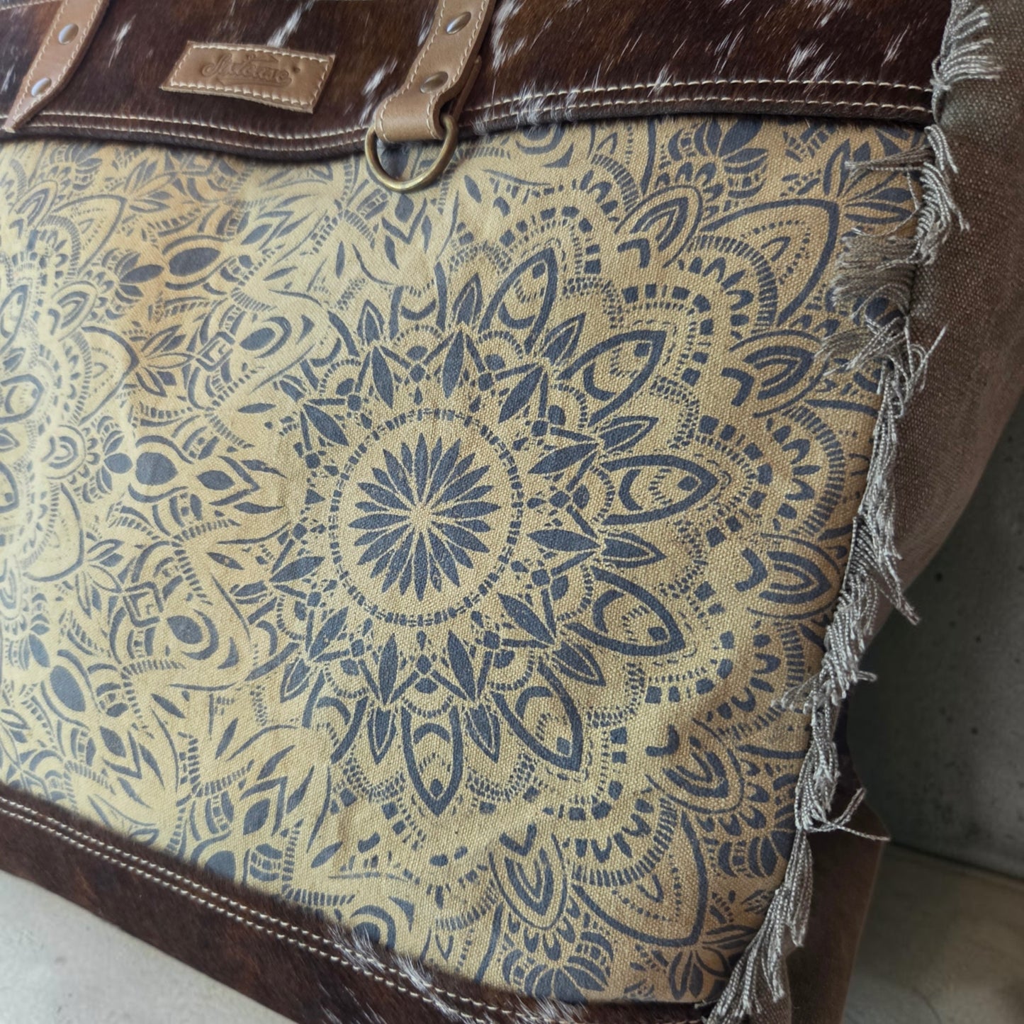 Mandala Up-cycled Canvas Weekender with Cow Hide Trim