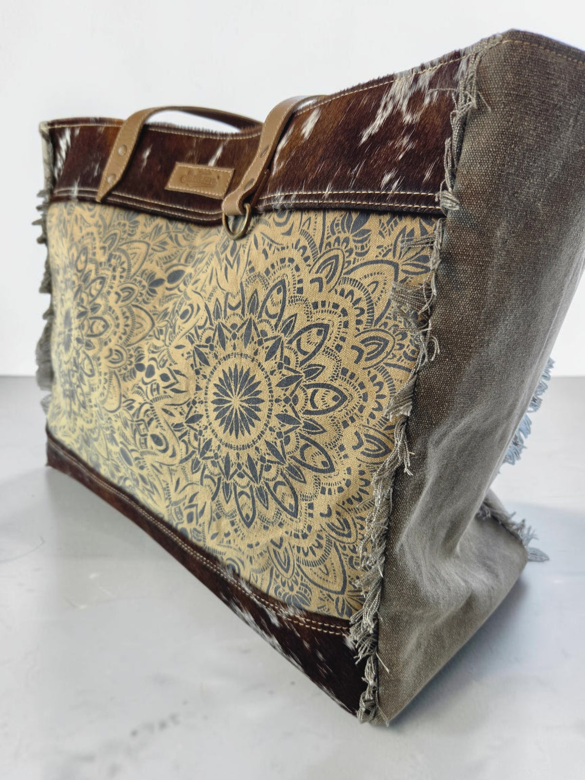 Mandala Up-cycled Canvas Weekender with Cow Hide Trim