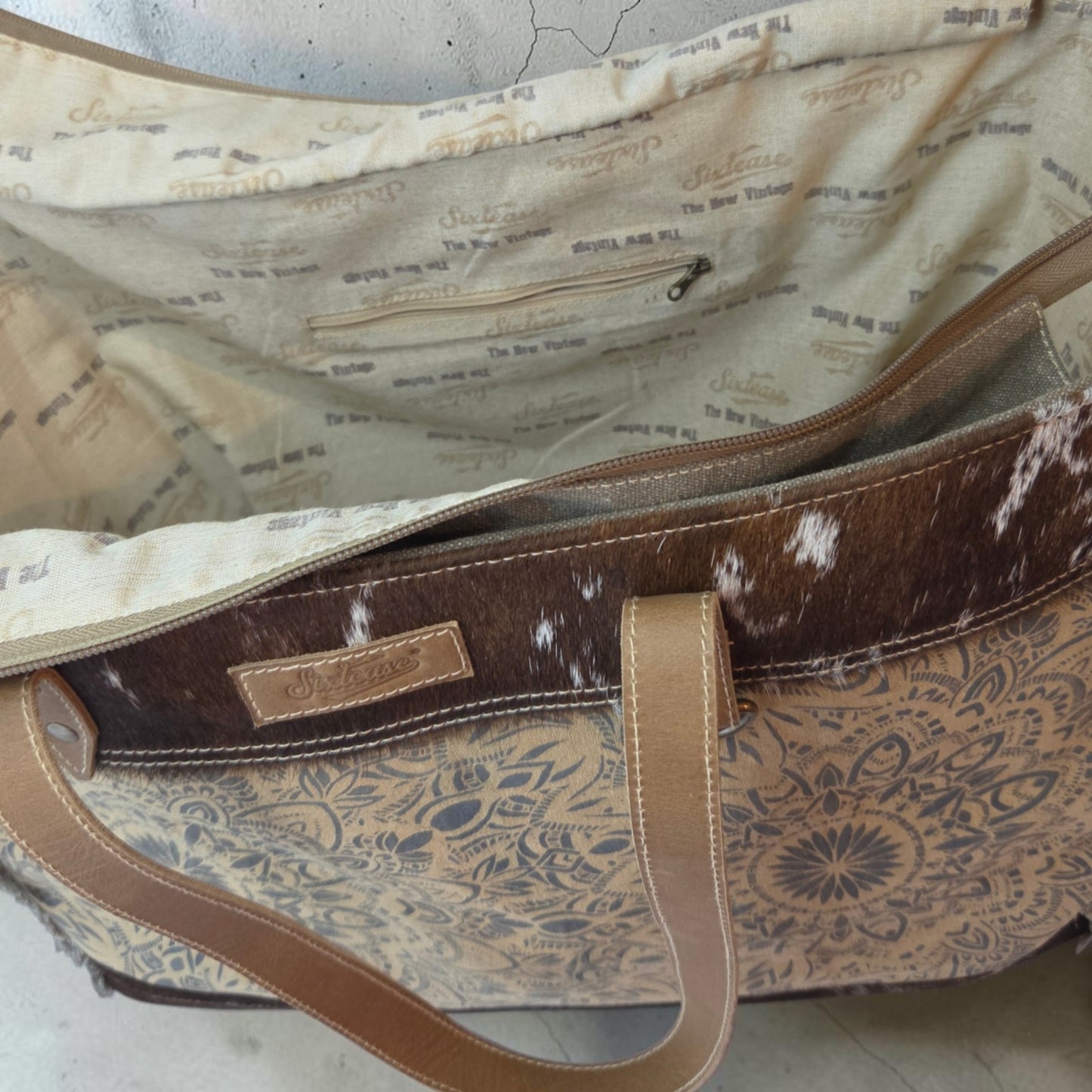 Mandala Up-cycled Canvas Weekender with Cow Hide Trim