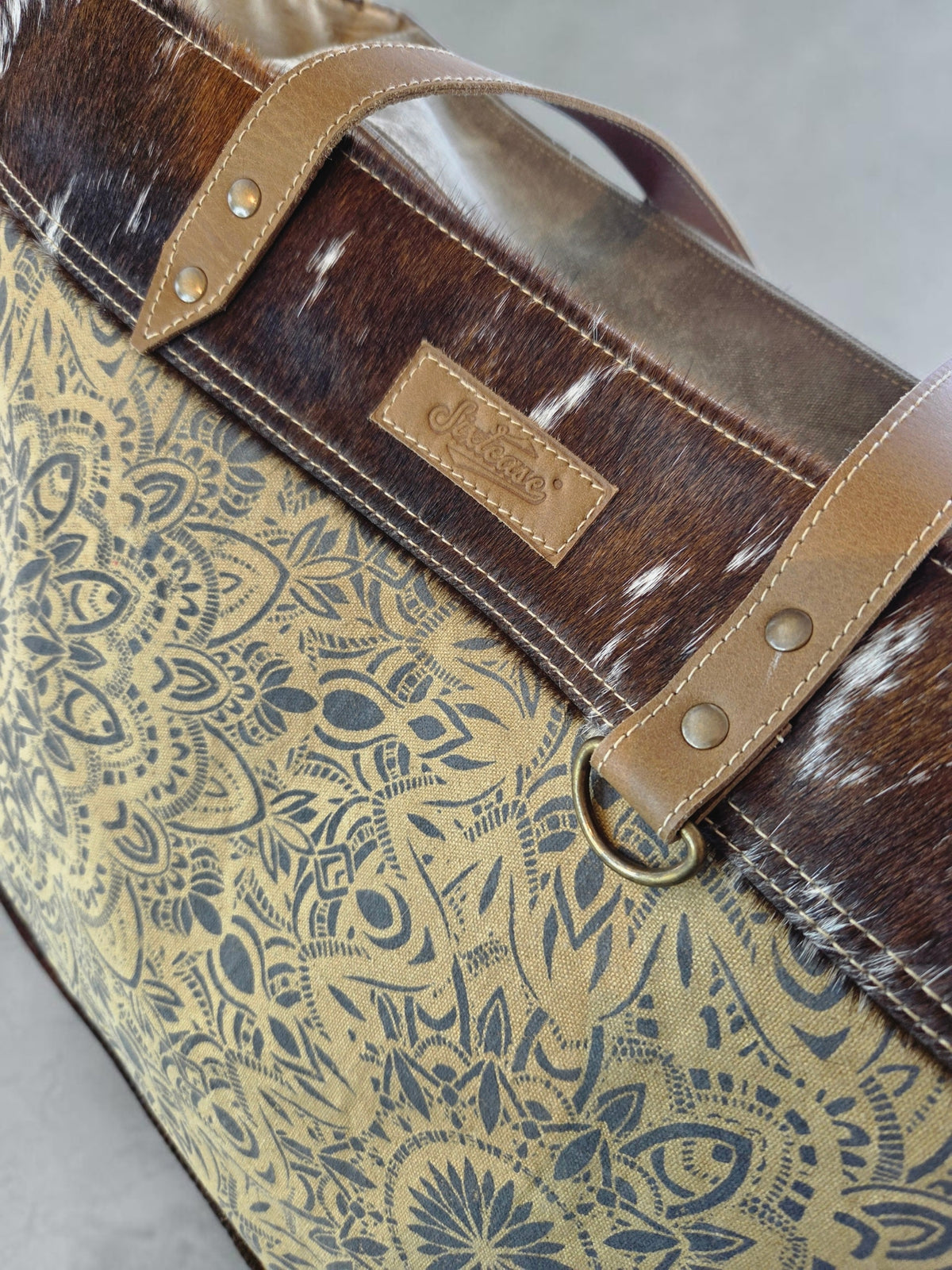 Mandala Up-cycled Canvas Weekender with Cow Hide Trim