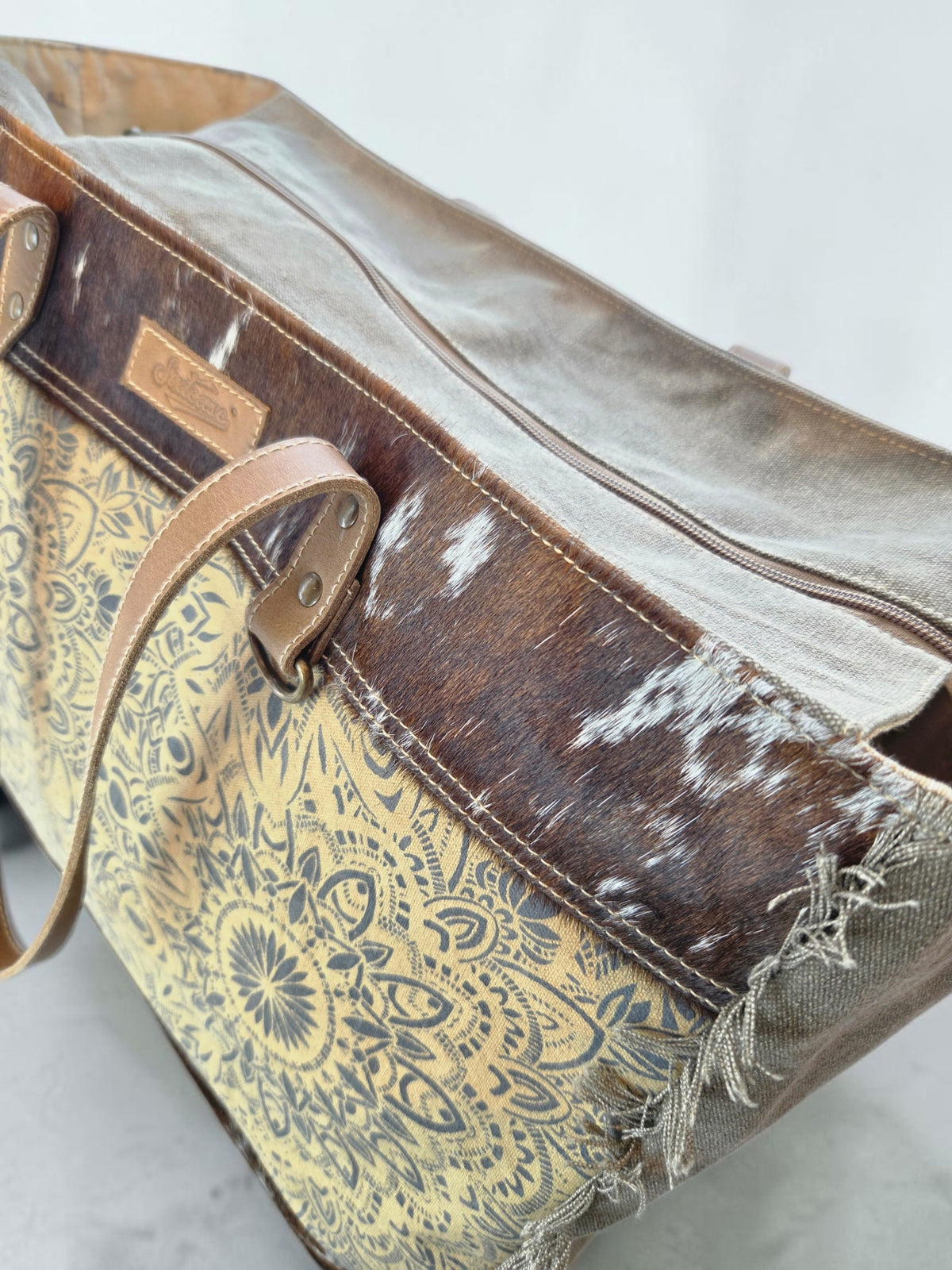Mandala Up-cycled Canvas Weekender with Cow Hide Trim