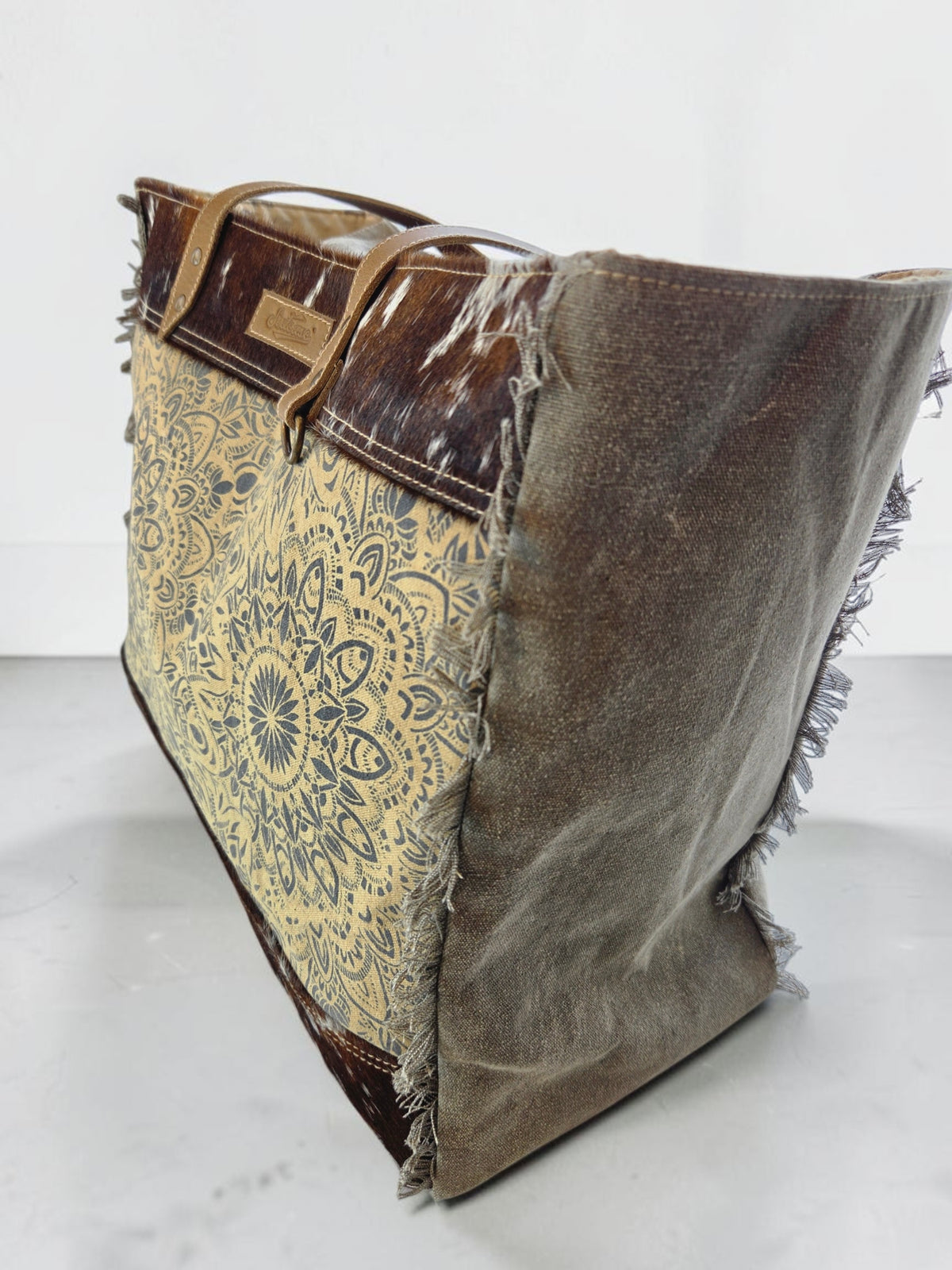 Mandala Up-cycled Canvas Weekender with Cow Hide Trim