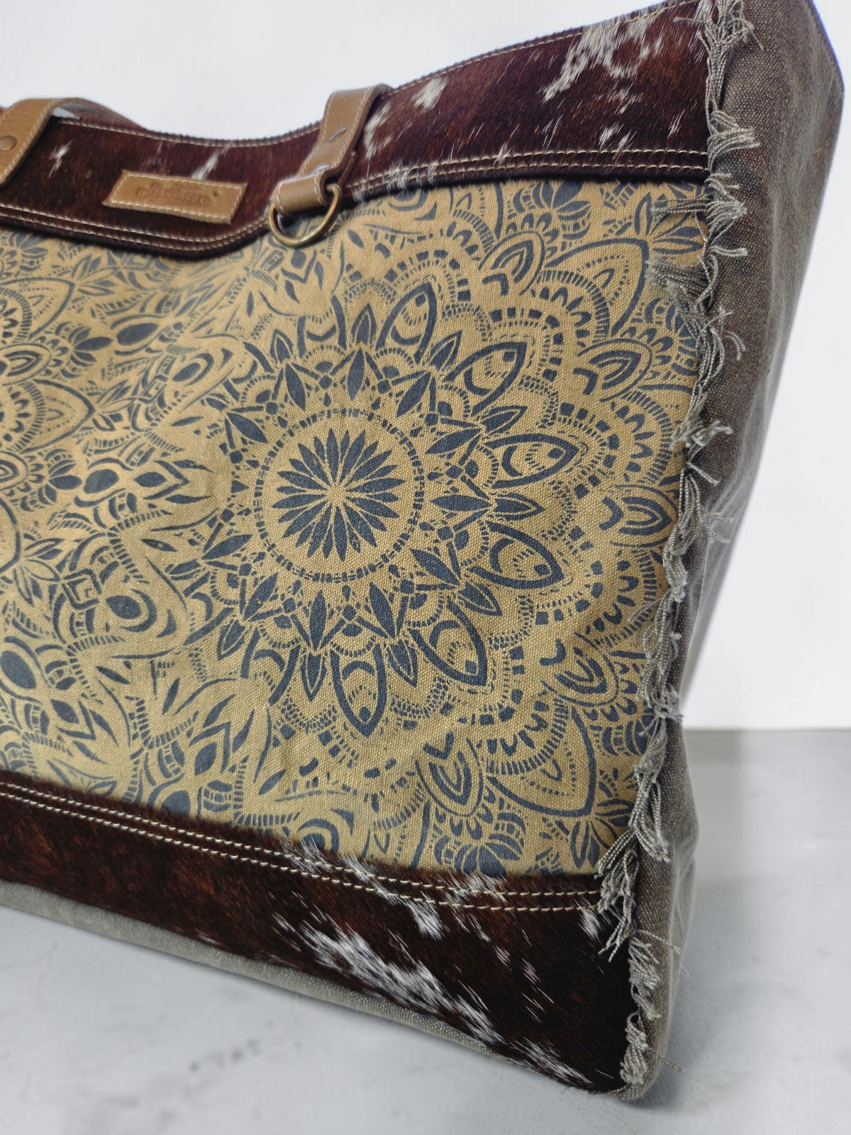 Mandala Up-cycled Canvas Weekender with Cow Hide Trim
