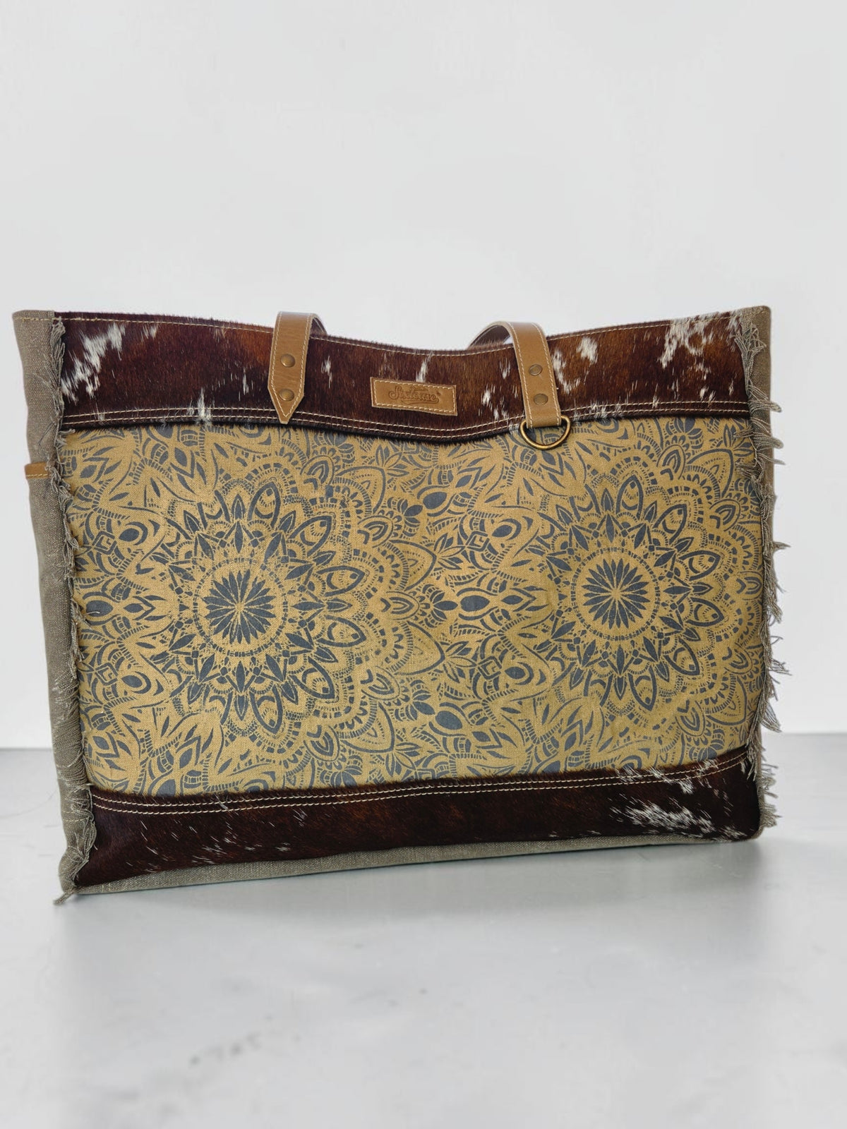 Mandala Up-cycled Canvas Weekender with Cow Hide Trim