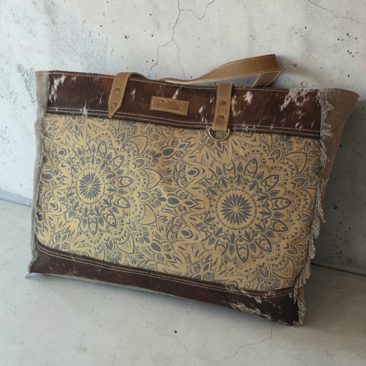 Mandala Up-cycled Canvas Weekender with Cow Hide Trim