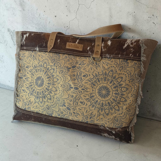 Mandala Up-cycled Canvas Weekender with Cow Hide Trim